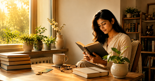 Young woman enjoying daily reading with a book and coffee to improve mental well-being, focus and reduce stress.